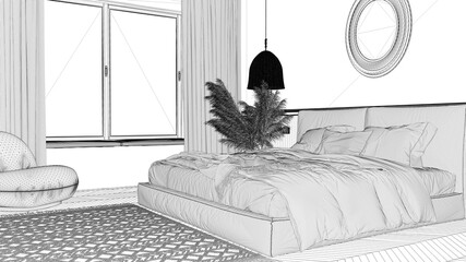 Blueprint project draft, elegant bedroom with modern minimalist furniture. Parquet, double bed with pillows, pendant lamps and mirror. Wallpaper and carpet. Classic interior design