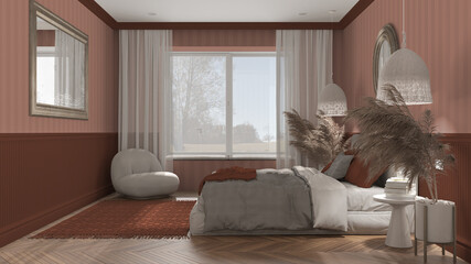 Elegant bedroom in orange tones with modern minimalist furniture. Big window, parquet, double bed with pillows, pendant lamps and mirror. Wallpaper and carpet. Classic interior design