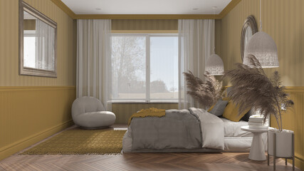 Elegant bedroom in yellow tones with modern minimalist furniture. Big window, parquet, double bed with pillows, pendant lamps and mirror. Wallpaper and carpet. Classic interior 