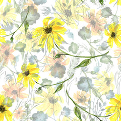 seamless watercolor pattern of plants. Herbs, flowers, chamomile, flowers watercolor. abstract splash of paint. flowers sunflower, leaves, calendula. drawing of calendula, marigolds.Creative seamless 