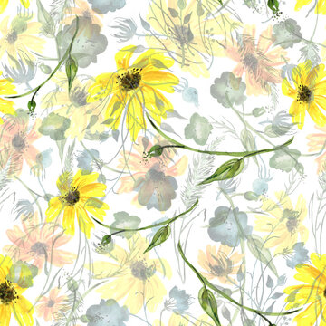 seamless watercolor pattern of plants. Herbs, flowers, chamomile, flowers watercolor. abstract splash of paint. flowers sunflower, leaves, calendula. drawing of calendula, marigolds.Creative seamless © helgafo