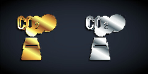 Gold and silver CO2 emissions in cloud icon isolated on black background. Carbon dioxide formula, smog pollution concept, environment concept. Long shadow style. Vector