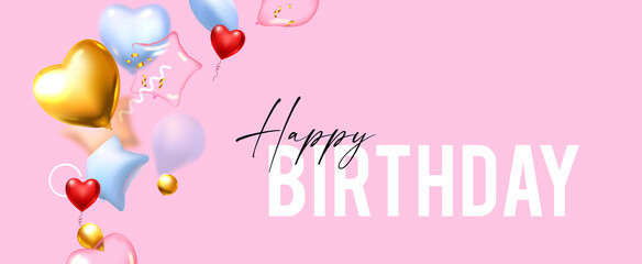 Happy Birthday with foil balloons. Glossy celebration design template. Anniversary, sale, baby shower and wedding invitation.