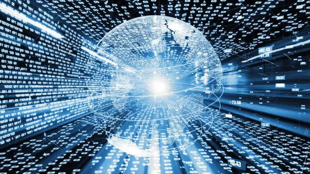 Futuristic global network and tacit digital data transfer 3D graphic . Concept of smart digital transformation and technology disruption that changes global trends in new information era .