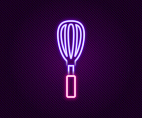 Glowing neon line Kitchen whisk icon isolated on black background. Cooking utensil, egg beater. Cutlery sign. Food mix symbol. Colorful outline concept. Vector