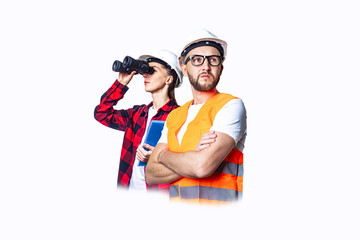 Young man and woman in construction clothes with binoculars on a white background.