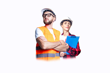 Young man and woman in construction clothes on a white background.