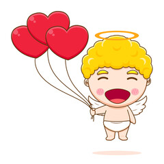 Cute Cupid angel holding love balloons cartoon character. Valentine's day design concept.