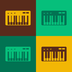 Pop art Music synthesizer icon isolated on color background. Electronic piano. Vector
