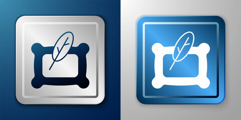 White Rectangular pillow icon isolated on blue and grey background. Cushion sign. Orthopedic pillow. Silver and blue square button. Vector