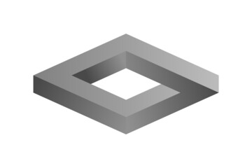 Impossible silver endless rectangle. Impossible box shape. Optical illusion. Gray gradient infinite rhombus figure. Abstract eternal geometric object. Impossible geometry symbol on white background. 
