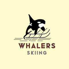 whalers skiing illustration logo design. whalers mascot - obrazy, fototapety, plakaty
