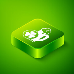Isometric Glass of beer icon isolated on green background. Happy Saint Patricks day. National Irish holiday. Green square button. Vector