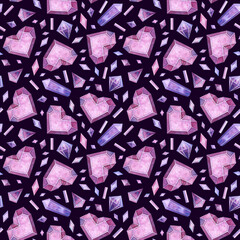 Seamless pattern with pink Icy hearts and crystals. Valentine's Day, Violet Romantic watercolor illustrations on dark background