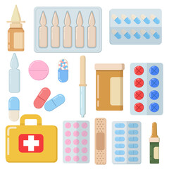 Set of pill, containers, drops and medical drugs for healthcare design