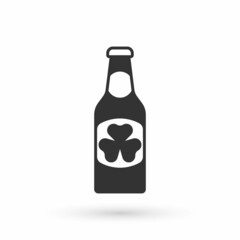 Grey Beer bottle with clover trefoil leaf icon isolated on white background. Happy Saint Patricks day. National Irish holiday. Vector