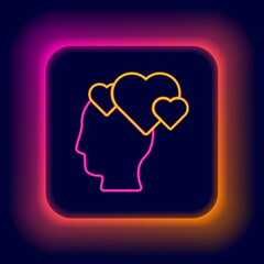 Glowing neon line Human head with heart icon isolated on black background. Love concept with human head. Colorful outline concept. Vector