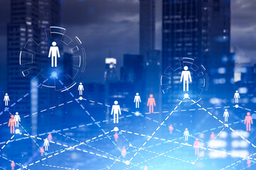 People icons hologram on background of financial center buildings