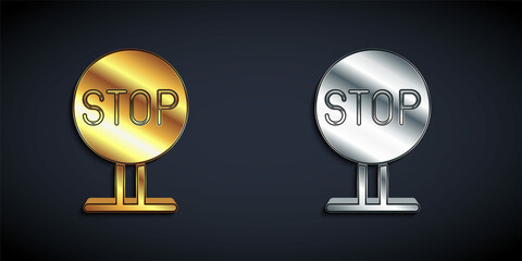 Gold and silver Stop sign icon isolated on black background. Traffic regulatory warning stop symbol. Long shadow style. Vector