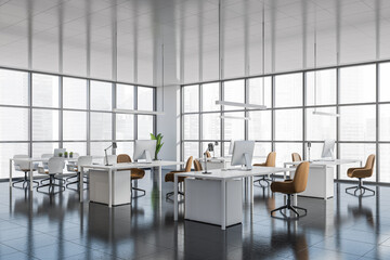 White business room interior with seats, table with pc, window with city view