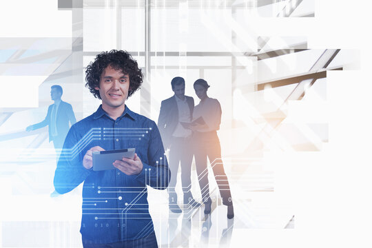 Office man with device and people teamwork in company, binary an