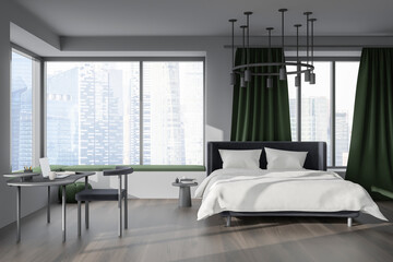 Modern bedroom interior with bed and workplace, panoramic window with city view