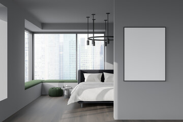 Grey bedroom interior with bed near panoramic window. Mockup poster