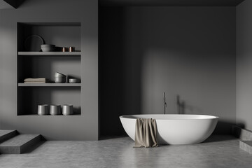Fototapeta na wymiar Grey bathroom interior with bathtub and shelf, concrete floor, mockup