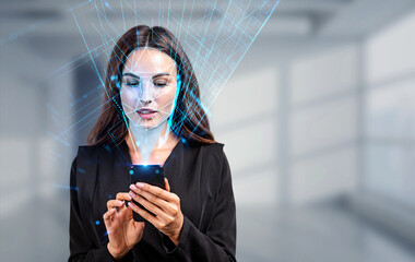 Office woman with smartphone, using facial scanner in office room