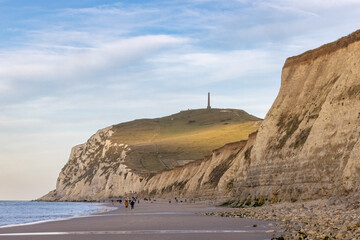Seascape of the opal coast of Cap Blanc Nez, showing the Monument at Cape white Nose France on top of the chalk cliffs. High quality photo - obrazy, fototapety, plakaty