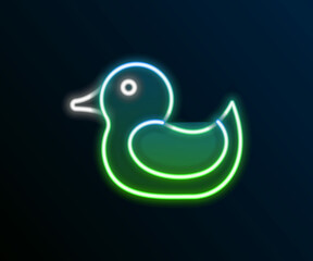 Glowing neon line Rubber duck icon isolated on black background. Colorful outline concept. Vector