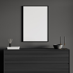 Grey exhibition room interior with wooden drawer and decoration, mockup poster