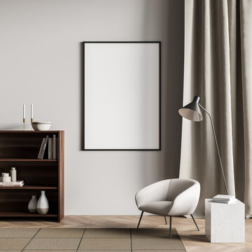Light guest room interior with armchair and drawer, mockup poster