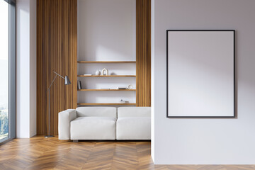 Fototapeta na wymiar Bright living room interior with empty white poster, panoramic window