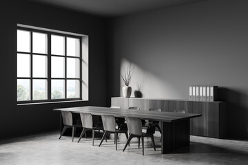 Dark guest interior with seats, table and commode near panoramic window. Mockup