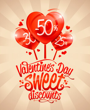 Valentine's day sweet discounts sale poster or banner design with heart shaped candies