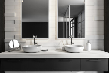 Obraz na płótnie Canvas Bathroom interior with sink and mirror, accessories on white wooden deck