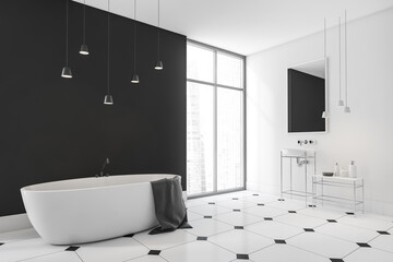 Fototapeta na wymiar Light bathroom interior with bathtub and panoramic windows