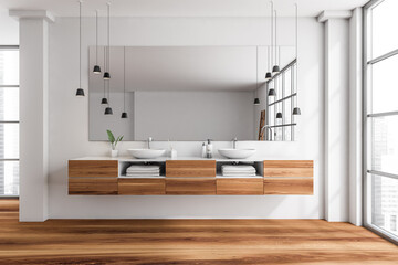 Obraz na płótnie Canvas Bathroom interior with sink and mirror, wooden shelf, window with city view