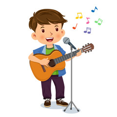 Happy cute boy is playing the guitar and singing into a microphone. Children playing music concepts. Vector illustration