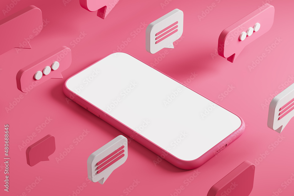 Poster top view of smartphone and notifications, pop-up messages. mockup screen