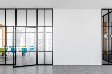 Bright office room interior with meeting board, white empty wall