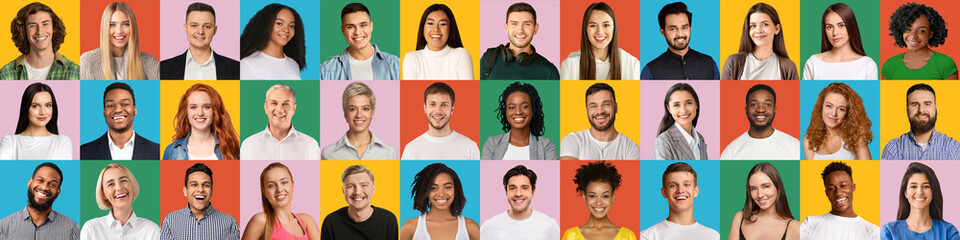 Fototapeta na wymiar Photo set collage of multiethnic happy people faces