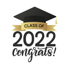 Class of 2022 congrats concept design. Graduate congratulation poster decorated by gold ribbon and academic cap. Graduation design for the yearbook. 