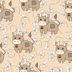 Vector flat animals colorful illustration for kids. Seamless pattern with cute bull and flowers on beige background. Cartoon adorable character. Design for poster, fabric, textile. Cute cow.