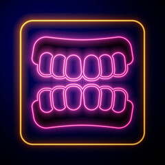 Glowing neon Dentures model icon isolated on black background. Teeth of the upper jaw. Dental concept. Vector © Iryna