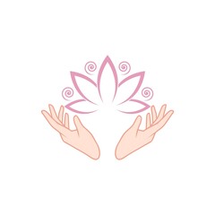 Female hands holding a beautiful pink lotus icon isolated on white background