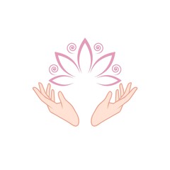 Obraz premium Female hands holding a beautiful pink lotus icon isolated on white background