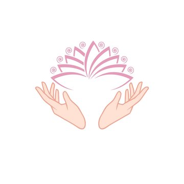 Female hands holding a beautiful pink lotus icon isolated on white background