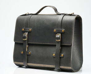 Side view of black leather briefcase